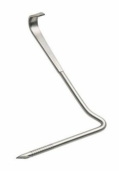 Gladde, zilverkleurige hefboom van staal met een scherpe punt en een gebogen uiteinde, handig voor zware werkzaamheden.