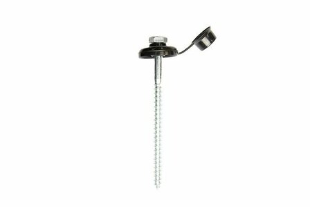 Een schroef met een zwarte top en een metalen schacht, voorzien van een bevestiging die openklapt.