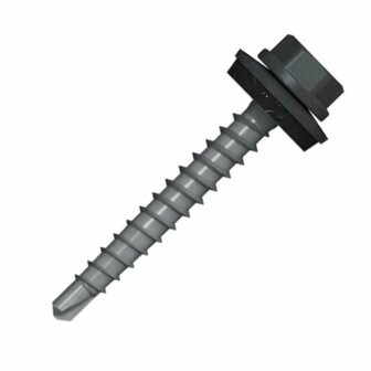 Grijze schroef met een gestructureerde, schroefvormige lange steel en een brede, zwarte gekopieerde kop.