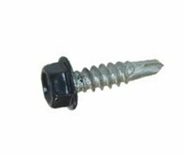 Een metalen schroef met een zwarte, verzonken kop en een spitse, schroefvormige staaf met schroefdraad.