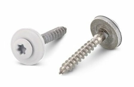 Twee metalen schroeven met een verzonken kop en een witte kunststof ring, &eacute;&eacute;n met een gegolfde schacht.