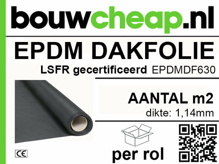 Zwarte EPDM dakfolie op een rol, met een dikte van 1,14 mm en bouwcheap.nl logo rechtsboven.