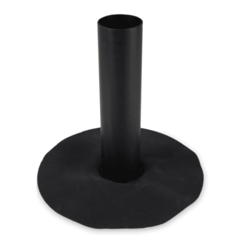 Zwarte rubberen basis met een verticale cilinder in het midden, plat en rond aan de onderkant.