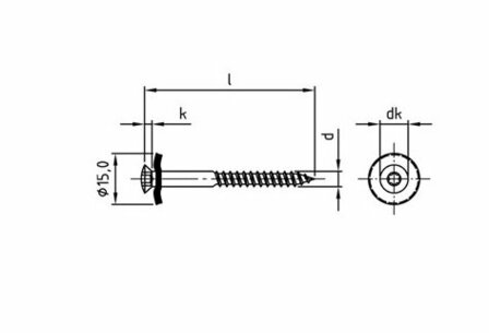 Technische tekening van een schroef met maatvoering, inclusief diameter en lengte, weergegeven in zwart-wit.