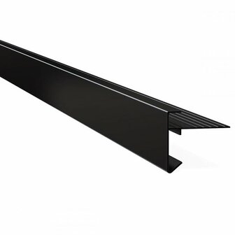 Zwarte metalen L-profiel met een lange, rechte vorm en groeven aan de binnenkant voor extra grip.