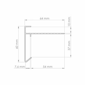 Technische tekening van een aluminium profiel met afmetingen: 64 mm breed, 60 mm hoog, in een rechte, eenvoudige vorm.
