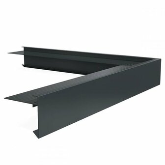 Een L-vormige metalen profiel in een matte, donkergrijze afwerking met ribbelstructuur aan de binnenkant.