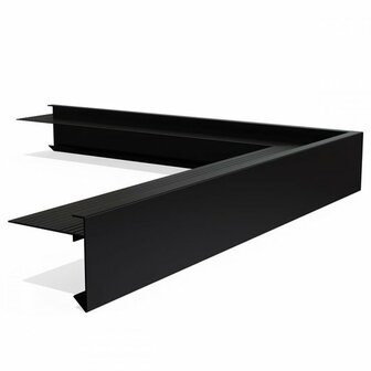 Een zwart, metalen L-profiel met een matte afwerking en rechte hoeken, geschikt voor constructies en ondersteuning.