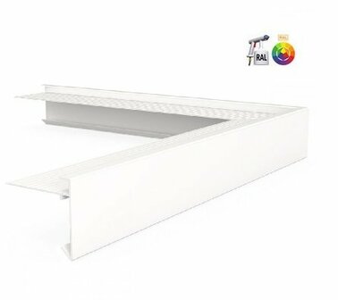 Een hoekprofiel van wit kunststof met een geprofileerde oppervlakte en een stevige constructie. Geschikt voor wandafwerking.