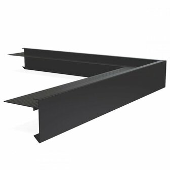 Zwarte L-vormige metalen hoekprofielen met scherpe randen en een geribbelde structuur aan de bovenkant.