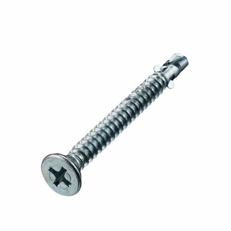 Glanzende, zilveren schroef met een torxkop en een spiraalvormige schacht, gemaakt van staal.