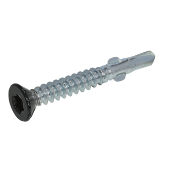 Zilverkleurige schroef met een panhead en een zwarte, platte bodem, voorzien van een inbusschroefkop.