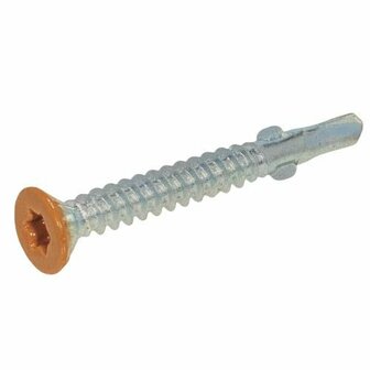 Een metalen schroef met een schroefdraad en een oranje vlakke kop met een vierkante uitsparing.