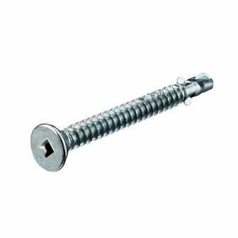 Gelaagde schroef met een vierkant gat in de kop en schroefdraad over de lengte van de staaf, gemaakt van zilverkleurig metaal.