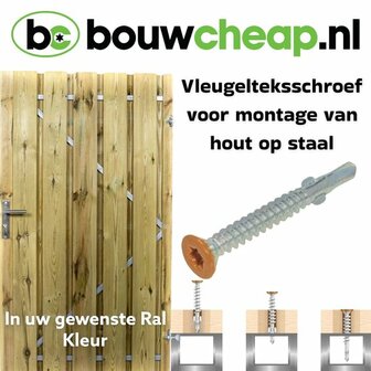 Houten schutting met een metalen vleugeltekenschroef, oranje kop en ziektes merkreferentie met teksten in zwart en groen.