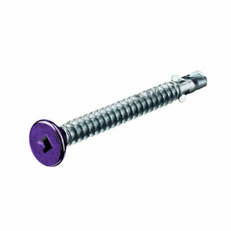 Een metalen schroef met een paarse kop en een schroefdraad voor sterke bevestiging.