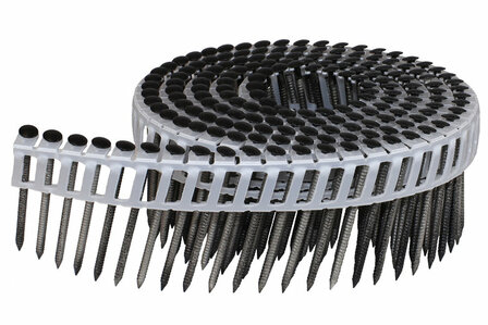 Een gespiraliseerde rol met metalen spijkers in diverse lengtes, met een witte plastic houder aan de onderzijde.