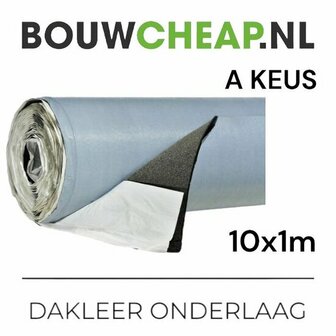 Rol dakleer met een lichtblauwe en zwarte laag, verpakt in plastic. Vermelding van afmetingen: 10x1 meter.