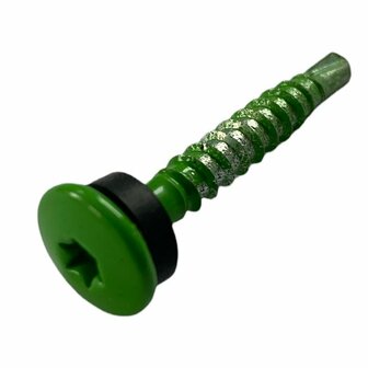 Groene schroef met een grote, ronde kop en een zwarte rubberen ring, met een schroefdraad en een stervormige insnijding.
