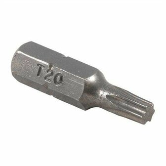 Een metalen schroefbit met een T20 markering en een verzonken, stervormige punt.