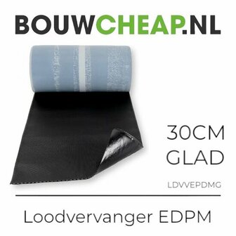 Zwarte loodhanger van EDPM materiaal met een glanzende afwerking, gepresenteerd met een lichte achtergrond en Bouwcheap.nl logo.