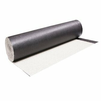Zwart, stevig materiaalrol met een grijze onderrand, geschikt voor bouwtoepassingen, duidelijk merklogo zichtbaar.