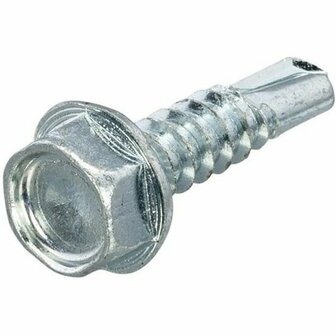 Een zilveren, metalen schroef met een verzonken kop en gev profileerde schroefdraad.