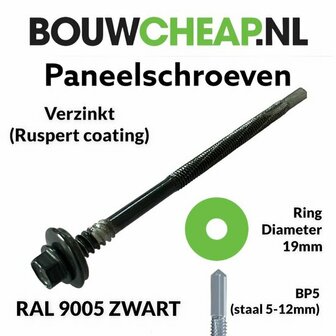 Een verzinkte paneelschroef met een zwarte coating, ringdikte van 19 mm en een schroefdraad met een lengte van ongeveer 5 tot 12 mm.