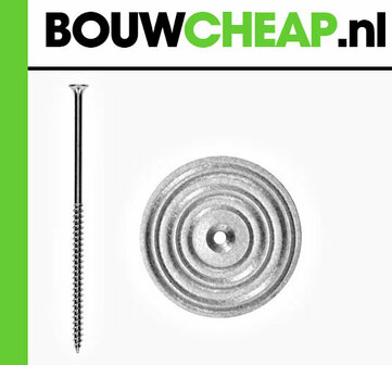 Zilveren metalen schijf met ringen en een lange, schroefvormige spijker naast het logo van Bouwcheap in zwart en groen.