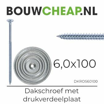 Dakschoef met metalen drukverdeelplaat en een zilverkleurige schroef, inclusief afmetingen en productcode.