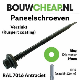 Zwarte panelenschroef met een ringdiameter van 19 mm en een opvallende hexagonale kop, voorzien van verzinkte coating.