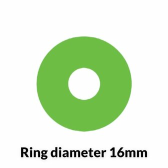 Groene ring met een diameter van 16 mm, eenvoudig ontwerp zonder details of merklogo, op een witte achtergrond.