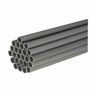 Een stapel grijze PVC-pijpen, netjes opgestapeld, met de open uiteinden naar boven gericht.