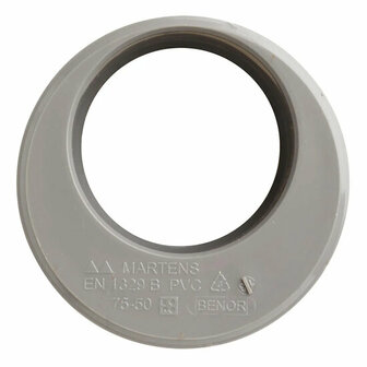 Grijze PVC ring met een open midden en aanduidingen van het merk, keurmerken en afmetingen aan de rand.