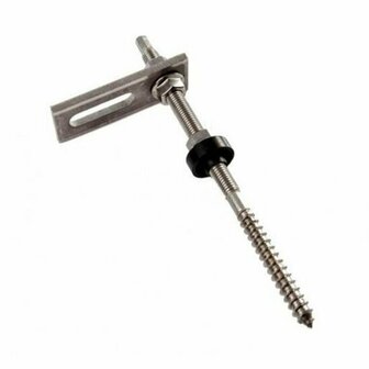 RVS schroef met een lange schacht, een zwarte rubberen ring en een metalen haak voor bevestiging.