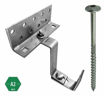 Metalen haakbeugel met meerdere gaten en bevestigingsschroef, beide van roestvrij staal.