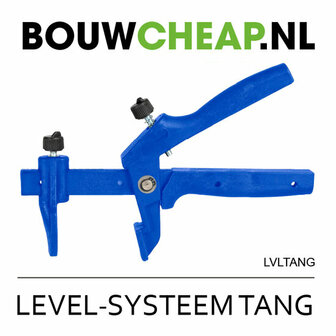 Blauwe level-systeem tang met twee verstelbare klemmen en een draaimechanisme voor nauwkeurige afstellingen.