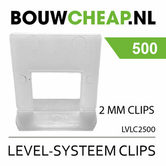 Transparante kunststof clip met een vierkante opening, geschikt voor level-systeem; verpakking bevat 500 stuks.