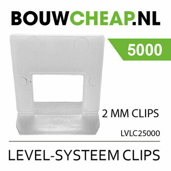 Transparante clip met een vierkante opening, ontworpen voor level-systemen, met de tekst &ldquo;2 MM CLIPS&rdquo; en een groen nummer &lsquo;5000&rsquo;.
