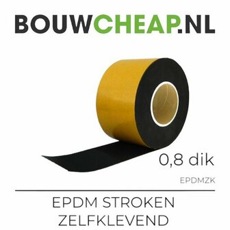 Zwarte zelfklevende EPDM stroken op een rol met gele buitenkant, dikte van 0,8 mm. Logo van Bouwcheap.nl erboven.