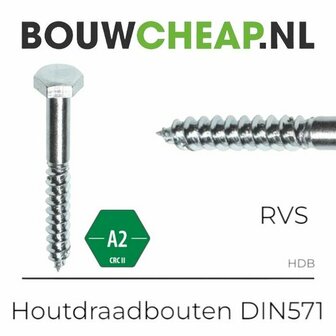 RVS houtdraadbout met zeshoekige kop en scherpe schroefdraad, gelabeld met A2, CRC II en DIN571.