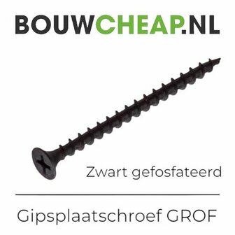 Zwarte gipsplaatschroef met grove schroefdraad en een kruisvormige insnijding aan de bovenkant.