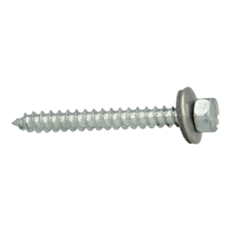 Roestvrije schroef met een zilveren afwerking, voorzien van een ronde moer en een scherpe schroefdraad.