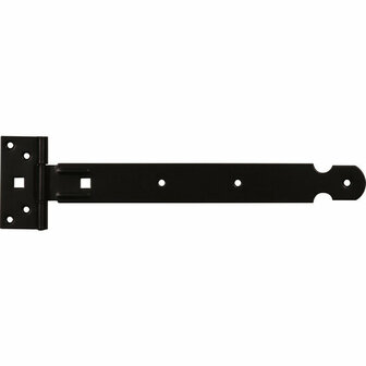 Zwarte metalen scharnier met een lange arm en meerdere bevestigingsgaten, geschikt voor deuren of poorten.