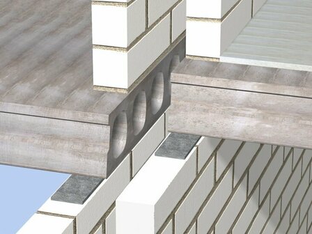 Detail van een bouwconstructie met betonnen elementen, horizontale platen en verticale muren met metselwerk in een heldere omgeving.