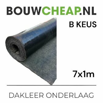 Zwarte rollen dakleer met een afmeting van 7x1 meter, gelabeld als B-keus.