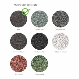 Een overzicht van acht verschillende granulaten in ronde cirkels, vari&euml;rend in kleur van zwart en grijs tot rood en groen.