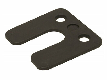 Zwarte kunststof houder met een U-vorm, twee uitsparingen en een centrale verzonken stip. Geschikt voor verschillende toepassingen.