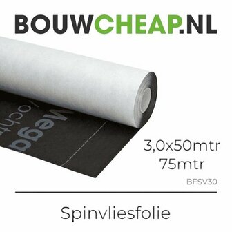 Witte rol spinvliesfolie met zwarte ondergrond en tekst, afmetingen 3,0 x 50 meter.