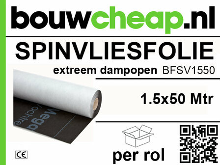 Witte spinnvliesfolie van bouwcheap.nl met zwarte onderzijde, verpakt in een rol van 1,5 x 50 meter.